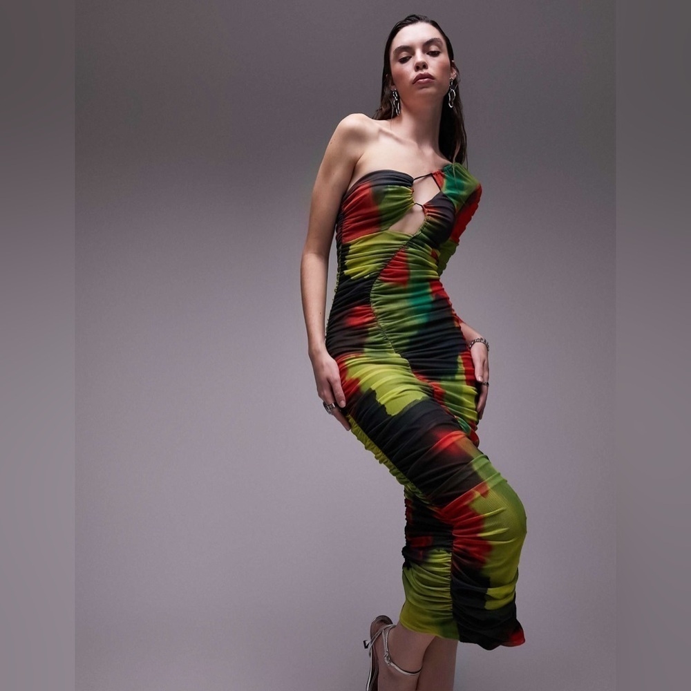 TOPSHOP One Shoulder Cutout Ruched Mesh Bodycon Midi Dress Tie Dye Multicolor 8